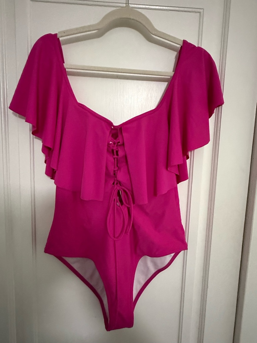 Women’s Fuchsia Ruffle One-Piece Swimsuit with Lace-Up Front